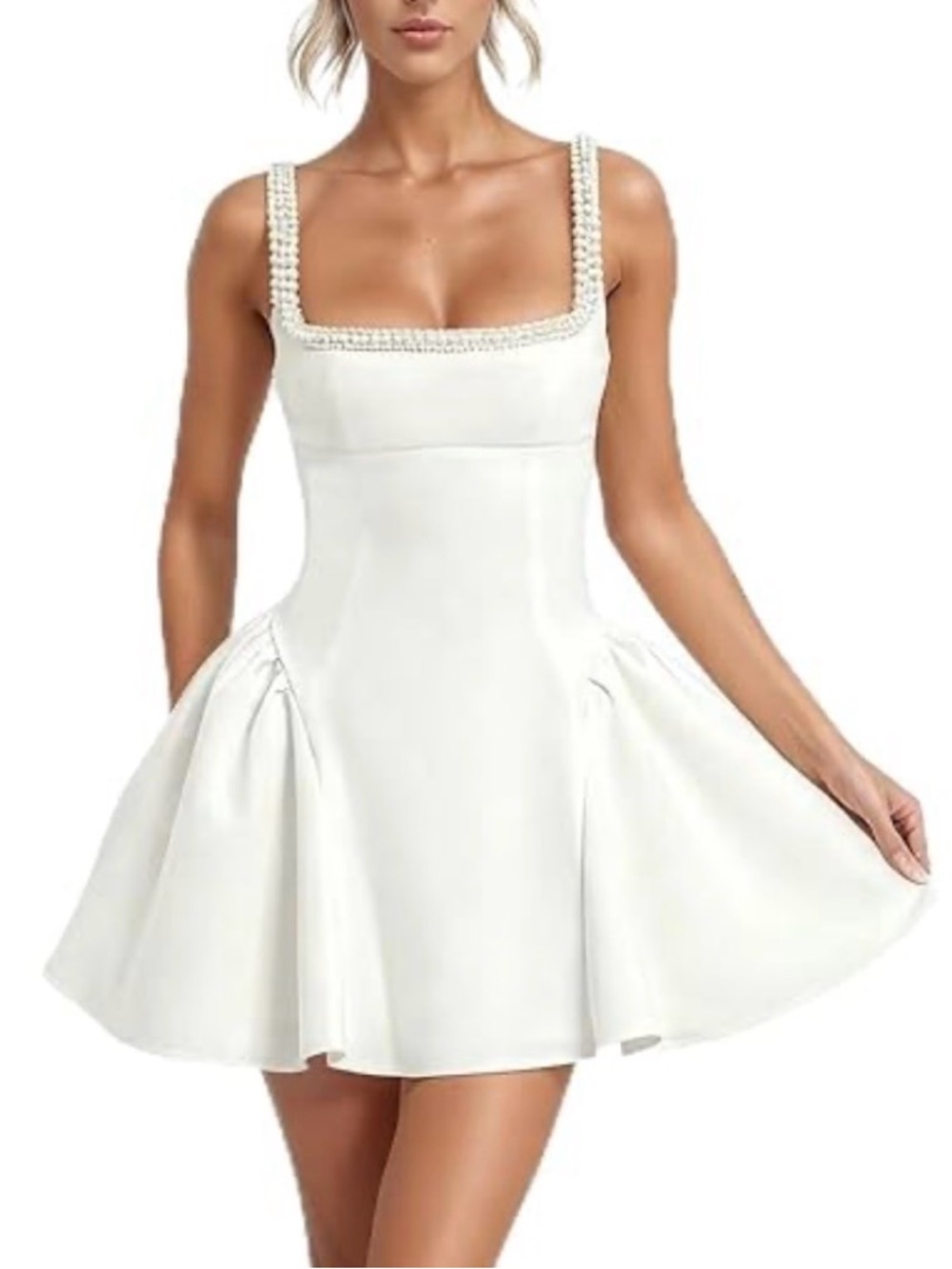 White Square-Neck Pearl-Trim Fit & Flare Dress